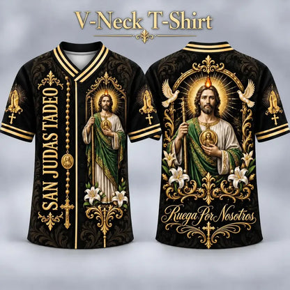 Men's San Judas Tadeo Graphic V-Neck Shirt & Baseball Jersey Style Top