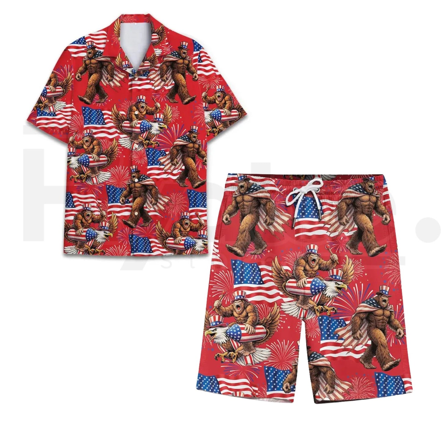 Bigfoot Firework Hawaiian Shirt – Patriotic Aloha Shirt, USA Flag Print, Summer Vacation Party Wear, Gift For Him