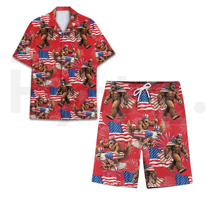 Bigfoot Firework Hawaiian Shirt – Patriotic Aloha Shirt, USA Flag Print, Summer Vacation Party Wear, Gift For Him
