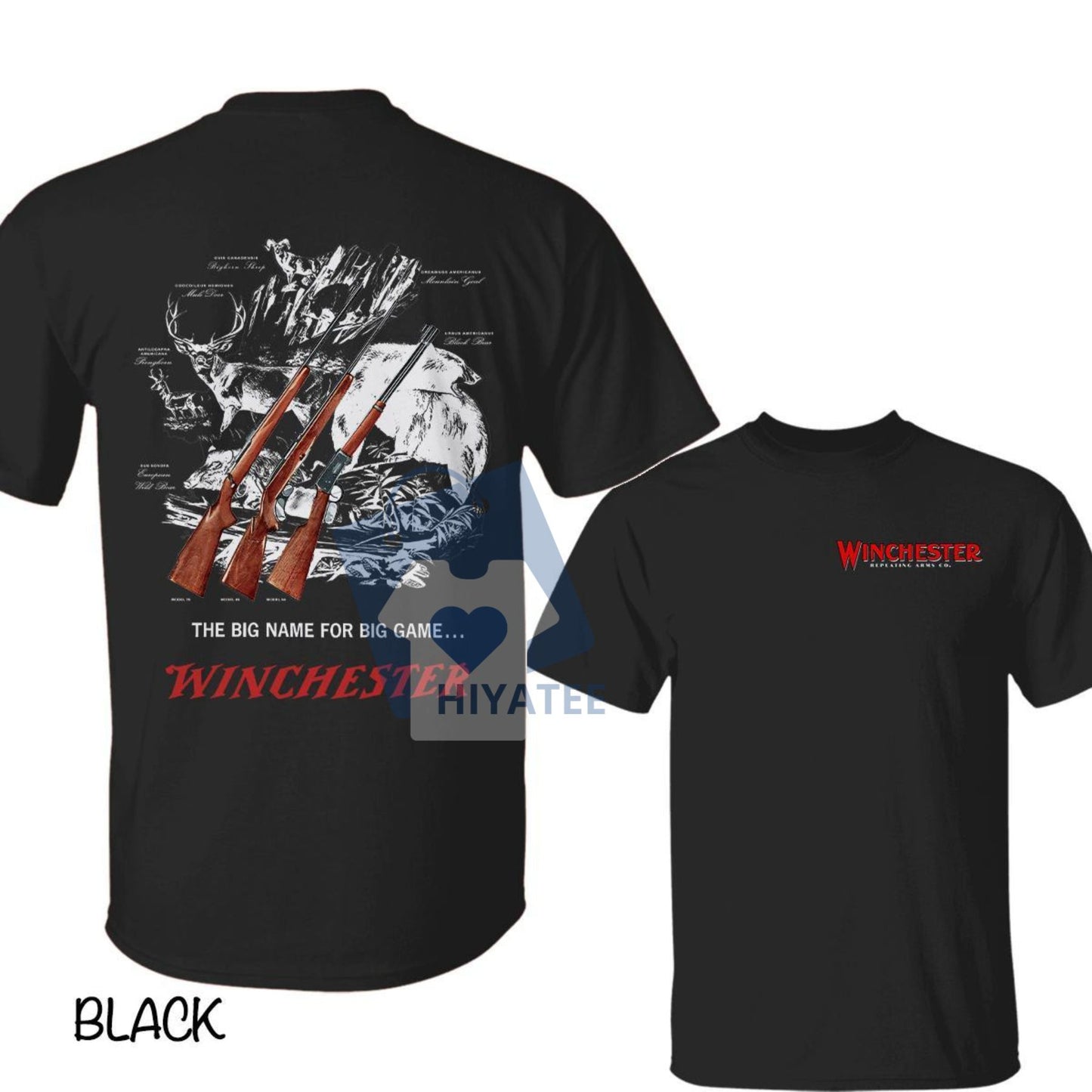 Winchester Big Game Graphic T-Shirt – Vintage Wildlife & Rifle Sketch, Classic Outdoor Tee for Men