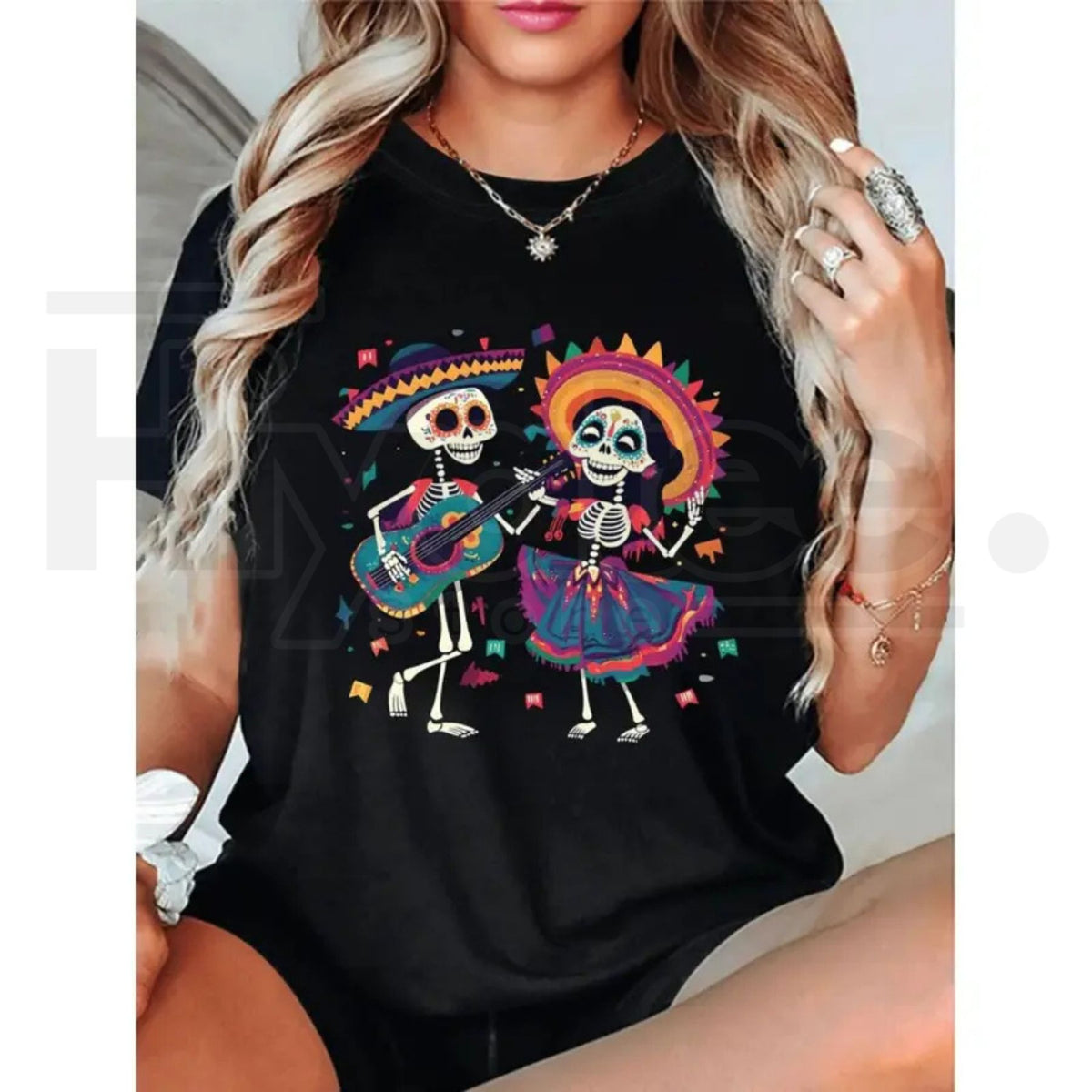 Vibrant Folk Art Skeleton Dance T-Shirt – Colorful Skull & Guitar Spring Summer Graphic Tee