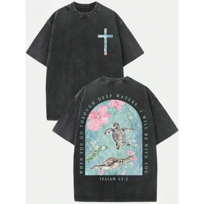 Sea Turtle "I Will Be With You" Vintage Washed T-Shirt – Oversized Pure Cotton Streetwear