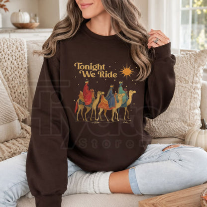 Retro Tonight We Ride Christian Christmas Sweatshirt, Three Wise Men Faith Graphic Pullover