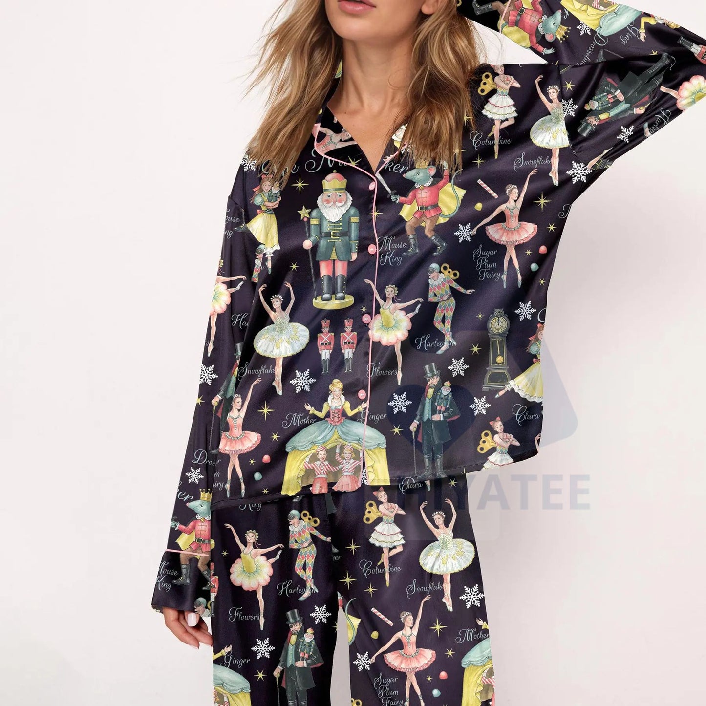 Nutcracker Ballet Christmas Satin Pajama Set For Women Print Comfy Satin Sleepwear & Loungewear Pjs Printing Silky Top & Bottoms