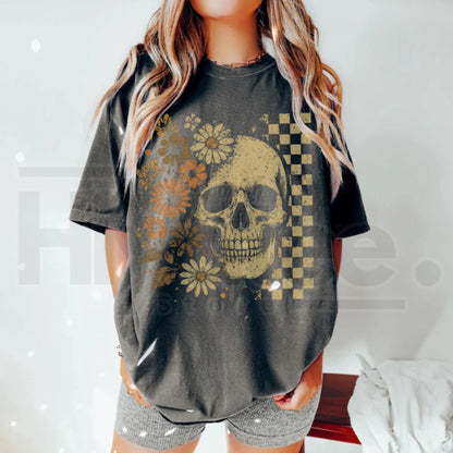 Boho Skull Graphic Tee Vintage Grunge Retro Summerween Spooky Halloween Shirt