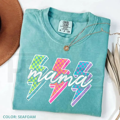 Comfort Colors® Lightning Checkered Neon Mama T-Shirt – Trendy Rock Mom Bolt Tee