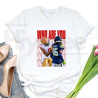 Who Are You Football Rivalry T-Shirt – Red Lettering Funny Game Day Graphic Tee