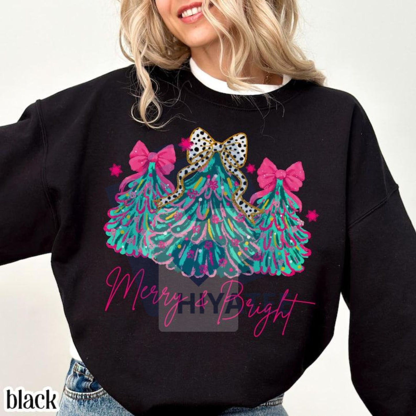 Merry & Bright Christmas Sweatshirt: Pink Xmas Tree Pullover with Festive Bow & Lights, Cute Jolly Mom Crewneck Apparel