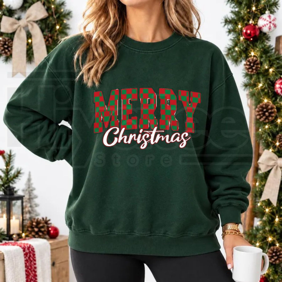 Merry Christmas Checkered Sweatshirt, Retro Vintage Holiday Buffalo Plaid Graphic Pullover