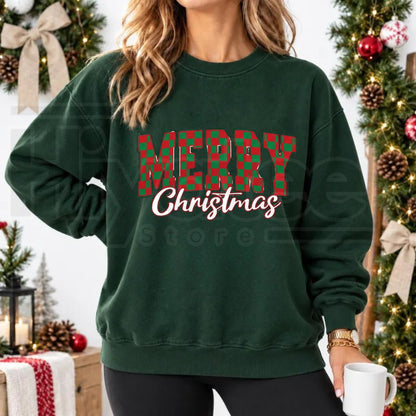 Merry Christmas Checkered Sweatshirt, Retro Vintage Holiday Buffalo Plaid Graphic Pullover