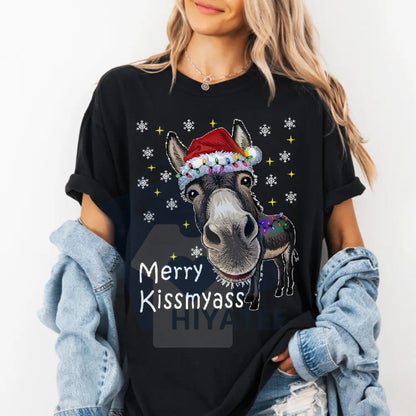 Funny Donkey Santa Hat "MERRY KISSMYASS" Christmas T-Shirt – Unisex Adult Humor Holiday Tee
