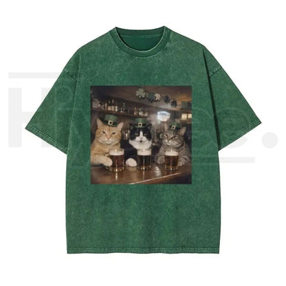 Unisex Cat Shamrock Vintage Washed T-Shirt – St. Patrick’s Day Graphic Tee