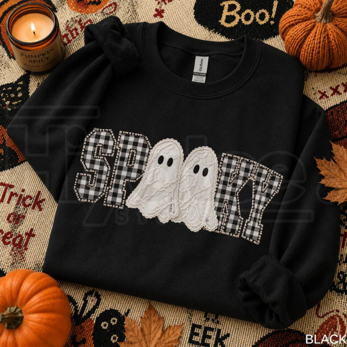 Faux Patchwork Spooky Ghost Sweatshirt – Cozy Fall Halloween Gingham Applique Crewneck