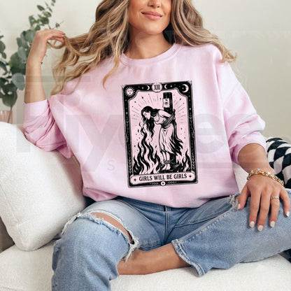 Witch With Cigarette Sweatshirt, Girls Will Be Girls Feminist Halloween Graphic Pullover