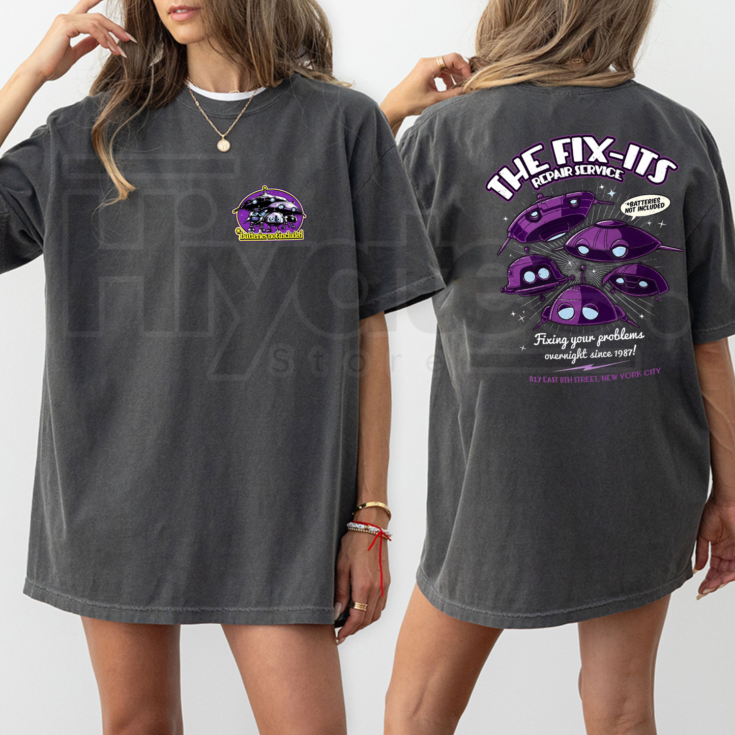 Retro 80s Sci-Fi Batteries Not Included T-Shirt – The Fix-Its Repair Service Tee