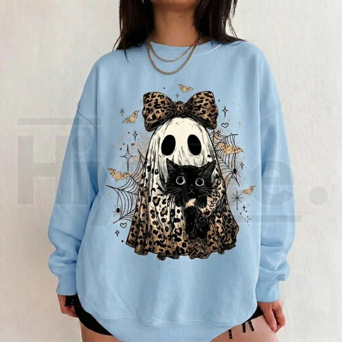 Leopard Ghost Cat Halloween Sweatshirt – Cute Spooky Black Cat Graphic Shirt, Coquette Bow Ghost Fall Outfit