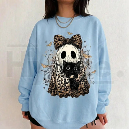 Leopard Ghost Cat Halloween Sweatshirt – Cute Spooky Black Cat Graphic Shirt, Coquette Bow Ghost Fall Outfit