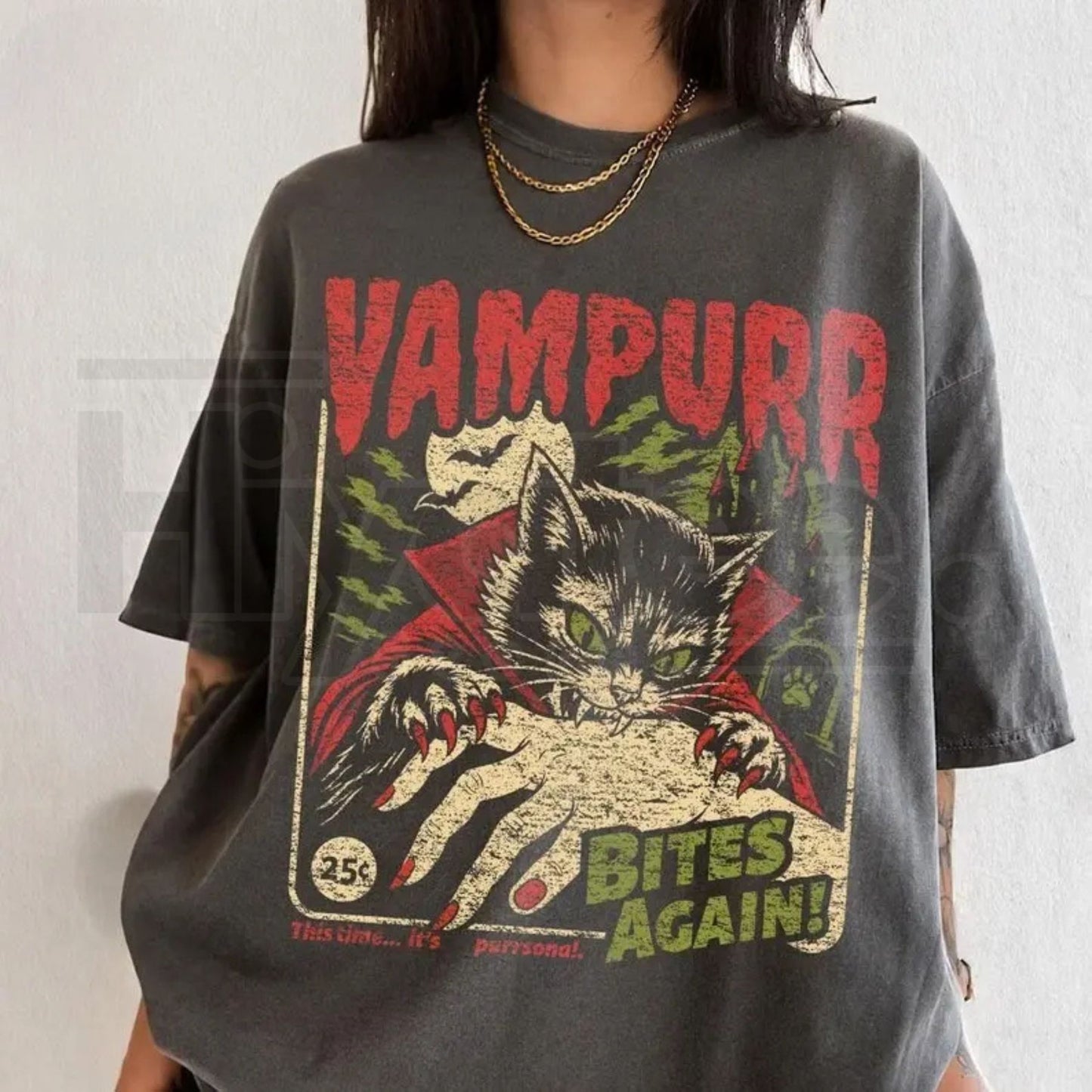 Comfort Colors Vampire Cat Shirt Retro Halloween Funny Spooky Vampurr Tee