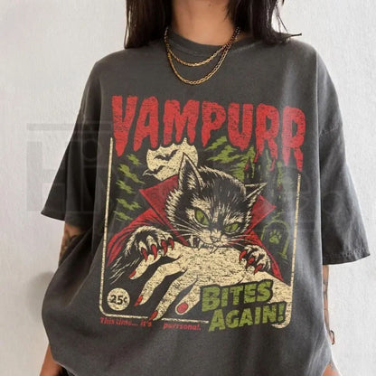 Comfort Colors Vampire Cat Shirt Retro Halloween Funny Spooky Vampurr Tee