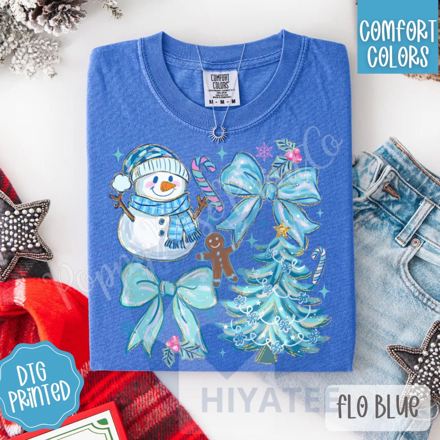 Blue Christmas Comfort Colors, Trendy Women's Holiday Tshirt