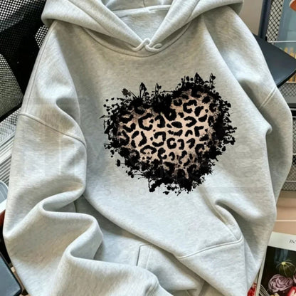 Women's Vintage Distressed Leopard Print Heart Pullover Hoodie