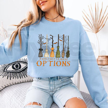 A Girl Gotta Have Options Retro Halloween Y2k Graphic Sweatshirt, Witches Halloween Spooky Season Feeling Witchy Pullover