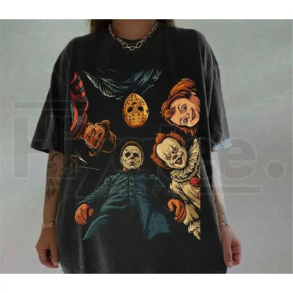Retro Halloween Characters T-Shirt – Vintage Spooky Season Horror Movie Tee