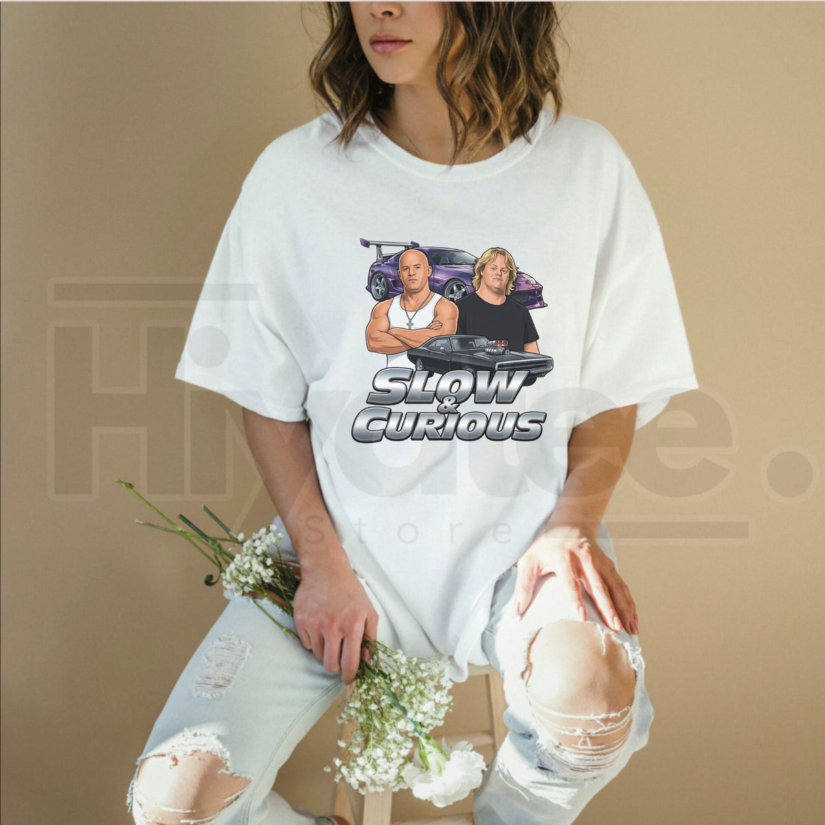 Slow & Curious Funny Parody T-Shirt – Vintage Car Enthusiast Graphic Tee