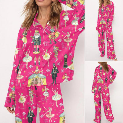 Nutcracker Ballet Christmas Satin Pajama Set For Women Print Comfy Satin Sleepwear & Loungewear Pjs Printing Silky Top & Bottoms
