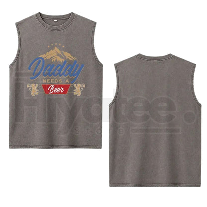 Men's Daddy Needs A Beer Tank Top – Funny Mountain Lion Graphic Washed Vintage Cotton Sleeveless Shirt, Loose Fit Gift for Dad