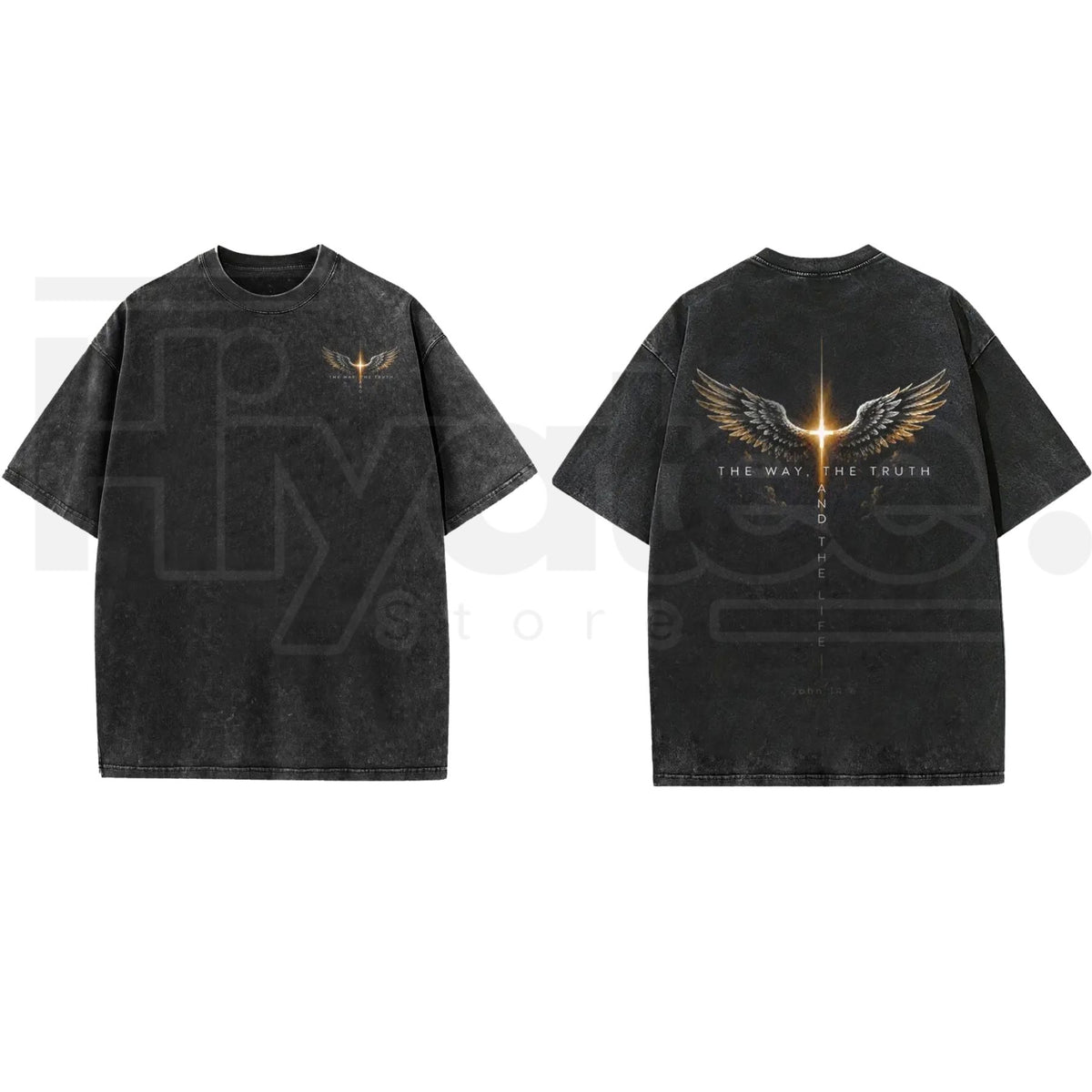 Glowing Cross Angel Wings Christian T-Shirt – Vintage Washed John Gospel Faith Graphic Tee