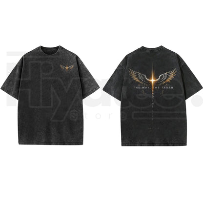 Glowing Cross Angel Wings Christian T-Shirt – Vintage Washed John Gospel Faith Graphic Tee