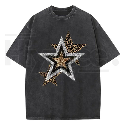 Holafish Outing Street Tee – Acid Wash Leopard Star Graphic Unisex T-Shirt
