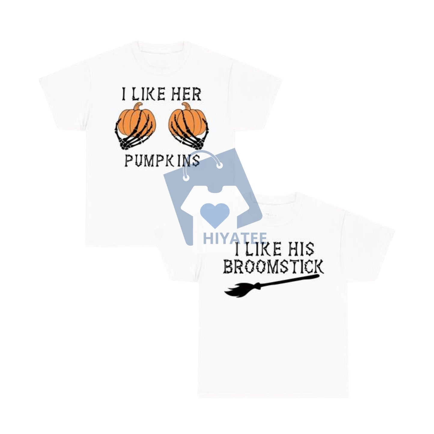I Like Her Pumpkins / I Like His Broomstick – Funny Halloween Couple T-Shirts, Spooky Season Matching Outfits, Full Size & Full Color