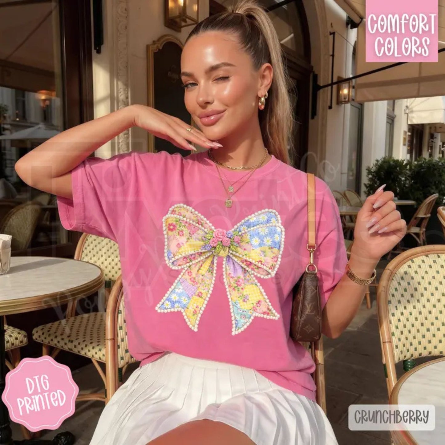 Comfort Colors® Faux Pearl Quilted Bow Shirt – Trendy Coquette Aesthetic Tee, Cute Women’s Quilted Bow Graphic Shirt