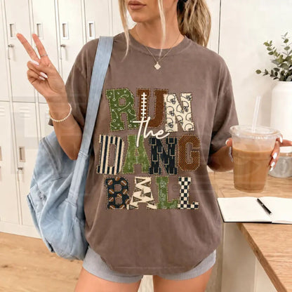 Patchwork Run The Dang Ball Shirt Leopard Football Mom Retro Game Day Tee