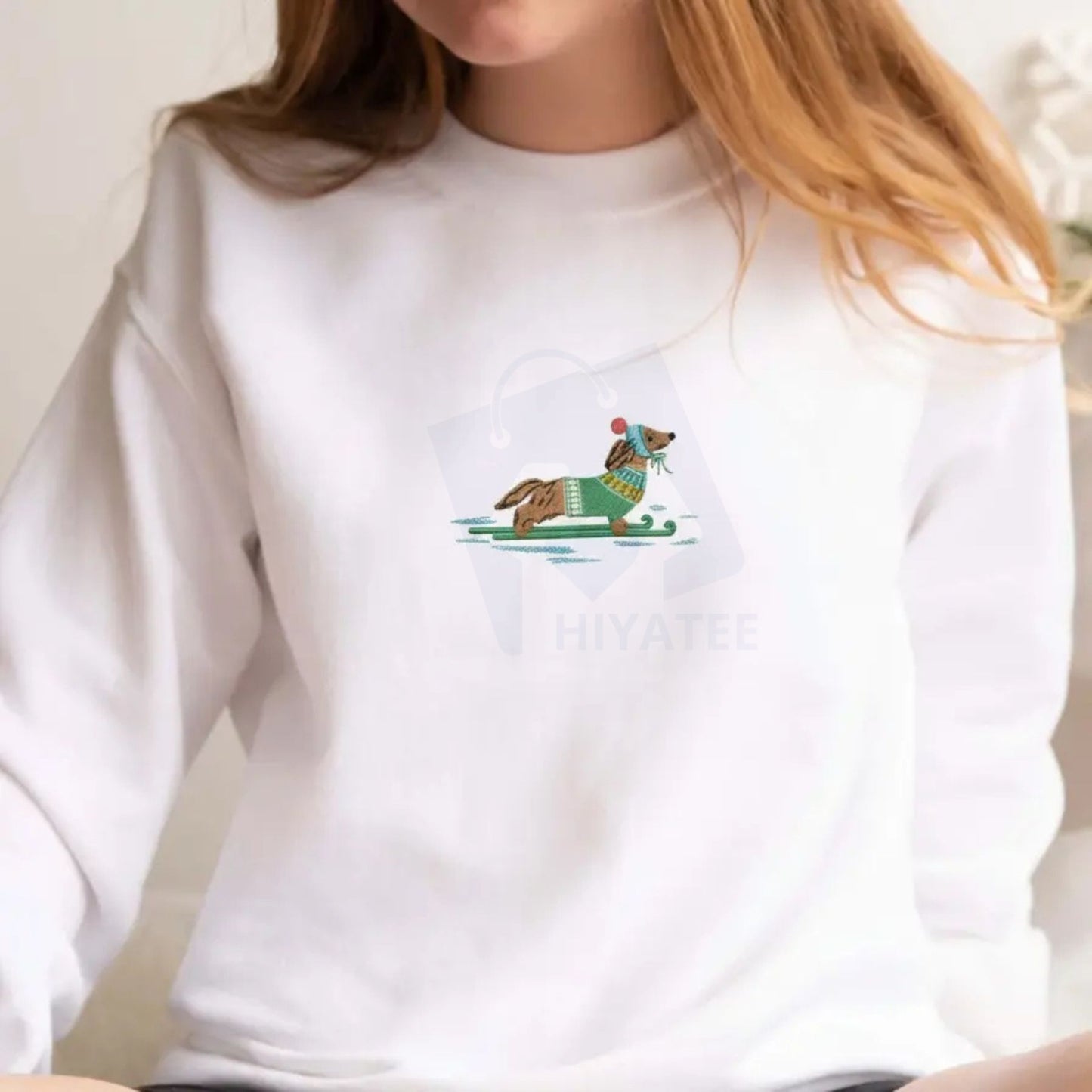 Dachshund on Skis Embroidered Sweatshirt – Funny Christmas Dog Crewneck & Winter Pullover