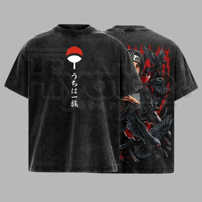Uchiha Clan Slayer Vintage Washed T-Shirt – Dark Ninja Illusion Oversized Graphic Tee