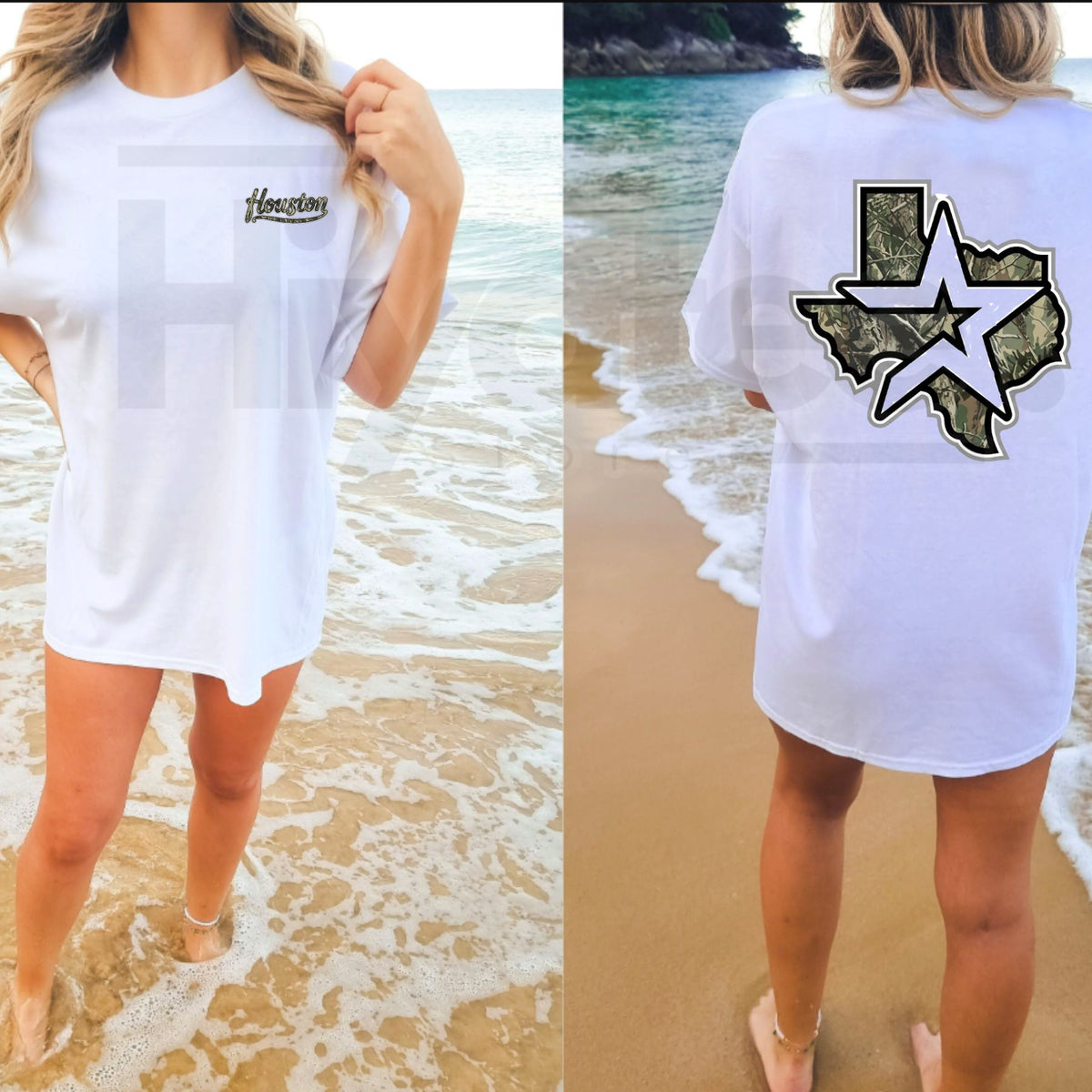 Houston Texas Camo Star Front-Back Print T-Shirt – Men's Pure Cotton Graphic Tee