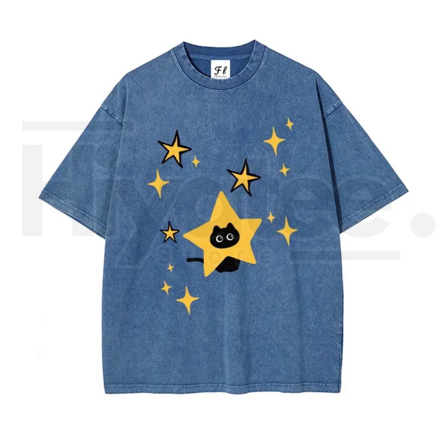 Unisex Minimalist Black Cartoon Kitten and Five-Pointed Star Graphic Washed T-Shirt – Y2K Vintage Oversized Cotton Top