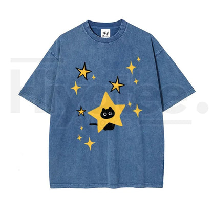 Unisex Minimalist Black Cartoon Kitten and Five-Pointed Star Graphic Washed T-Shirt – Y2K Vintage Oversized Cotton Top