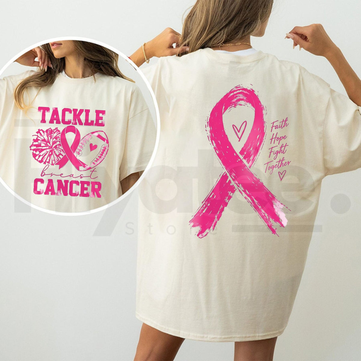 Women's Tackle Breast Cancer Top – Striped Sleeve Graphic Shirt