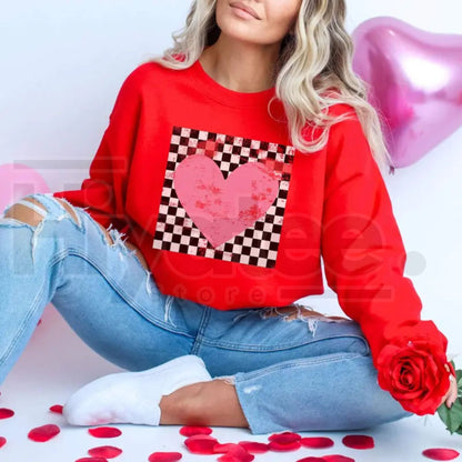 Retro Checkered Heart Sweatshirt: Cute Teacher Valentine Crewneck