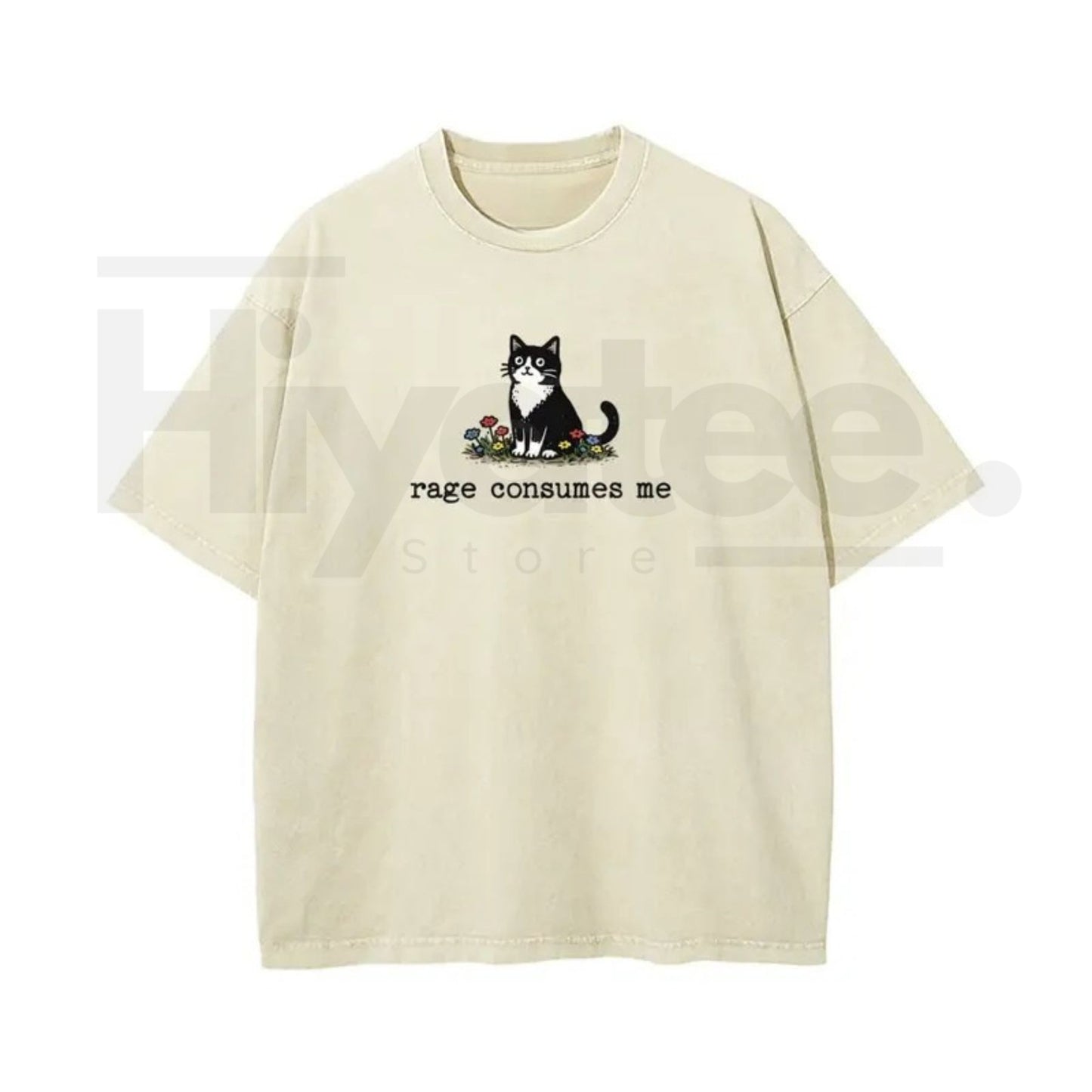 Funny Cat Meme Vintage Washed T-Shirt – “Rage Consumes Me” Oversized Cotton Graphic Tee