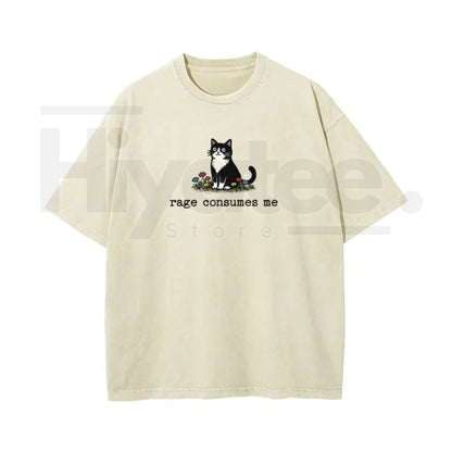 Funny Cat Meme Vintage Washed T-Shirt – “Rage Consumes Me” Oversized Cotton Graphic Tee