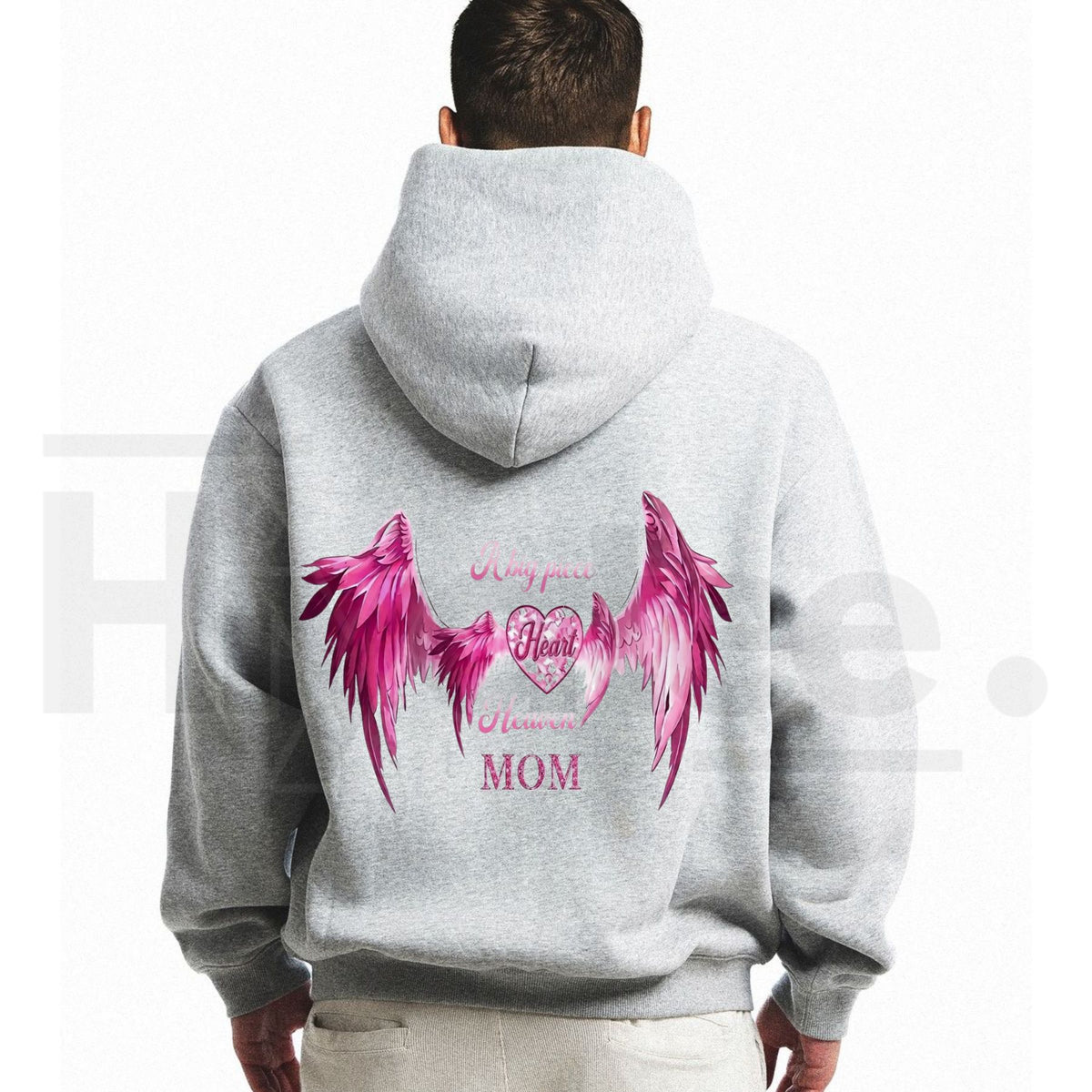 Women’s A Big Piece Of My Heart Lives In Heaven Mom Memorial Back Print Hoodie – Pink Angel Wings Heart Graphic Sweatshirt