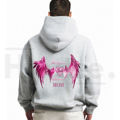 Women’s A Big Piece Of My Heart Lives In Heaven Mom Memorial Back Print Hoodie – Pink Angel Wings Heart Graphic Sweatshirt