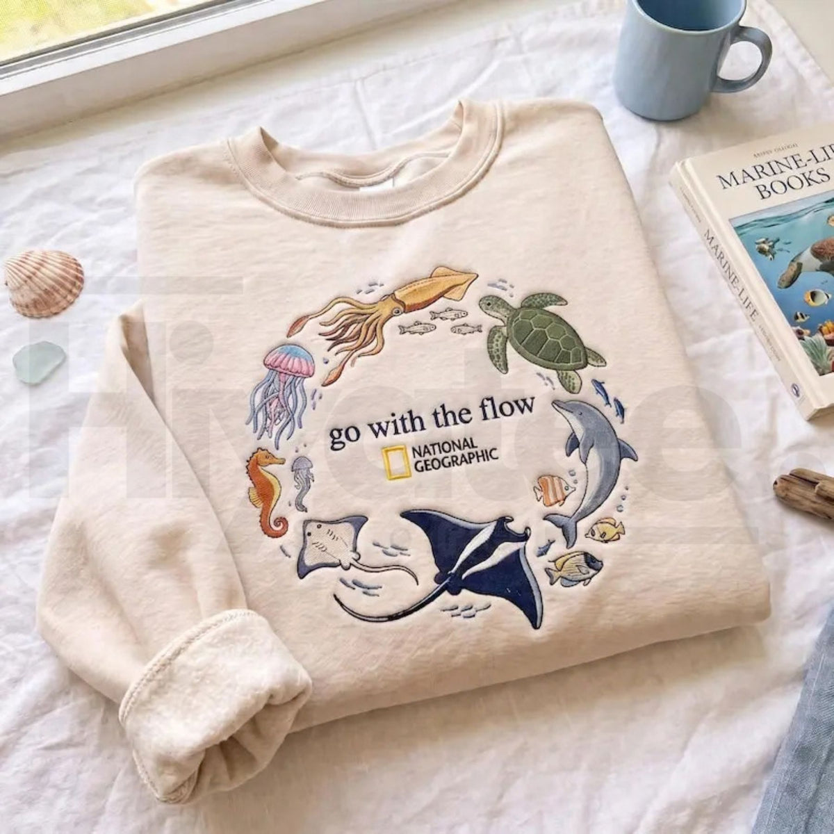 "Go With The Flow" Embroidered Sweatshirt – Ocean Marine Animals Crewneck, Coastal Pullover Gift