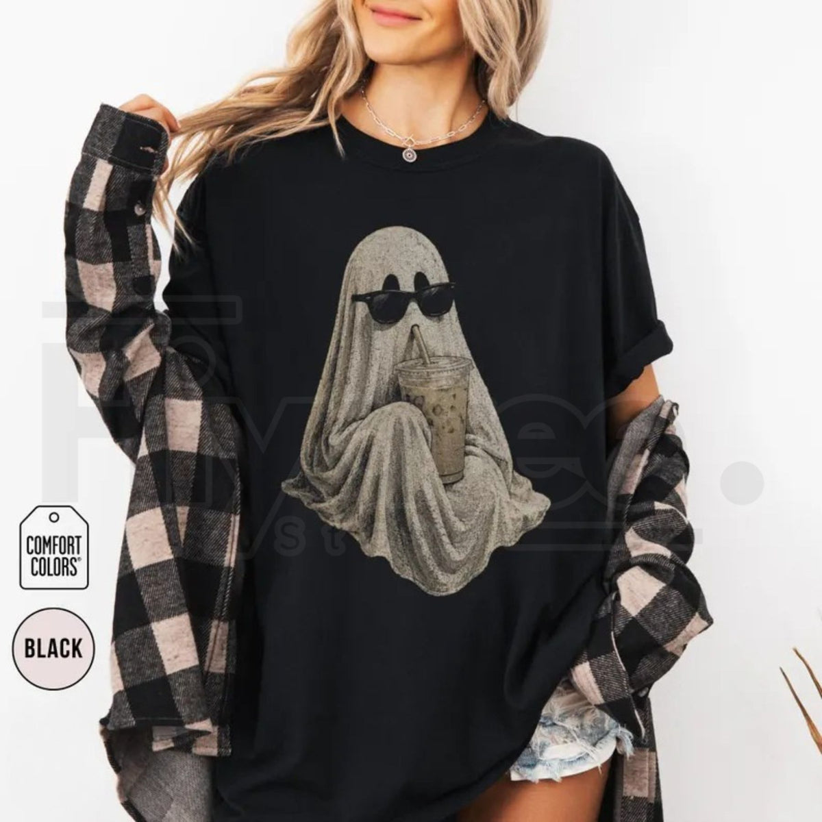 Ghost Drinking Coffee Shirt Comfort Colors Retro Iced Latte Spooky Tee