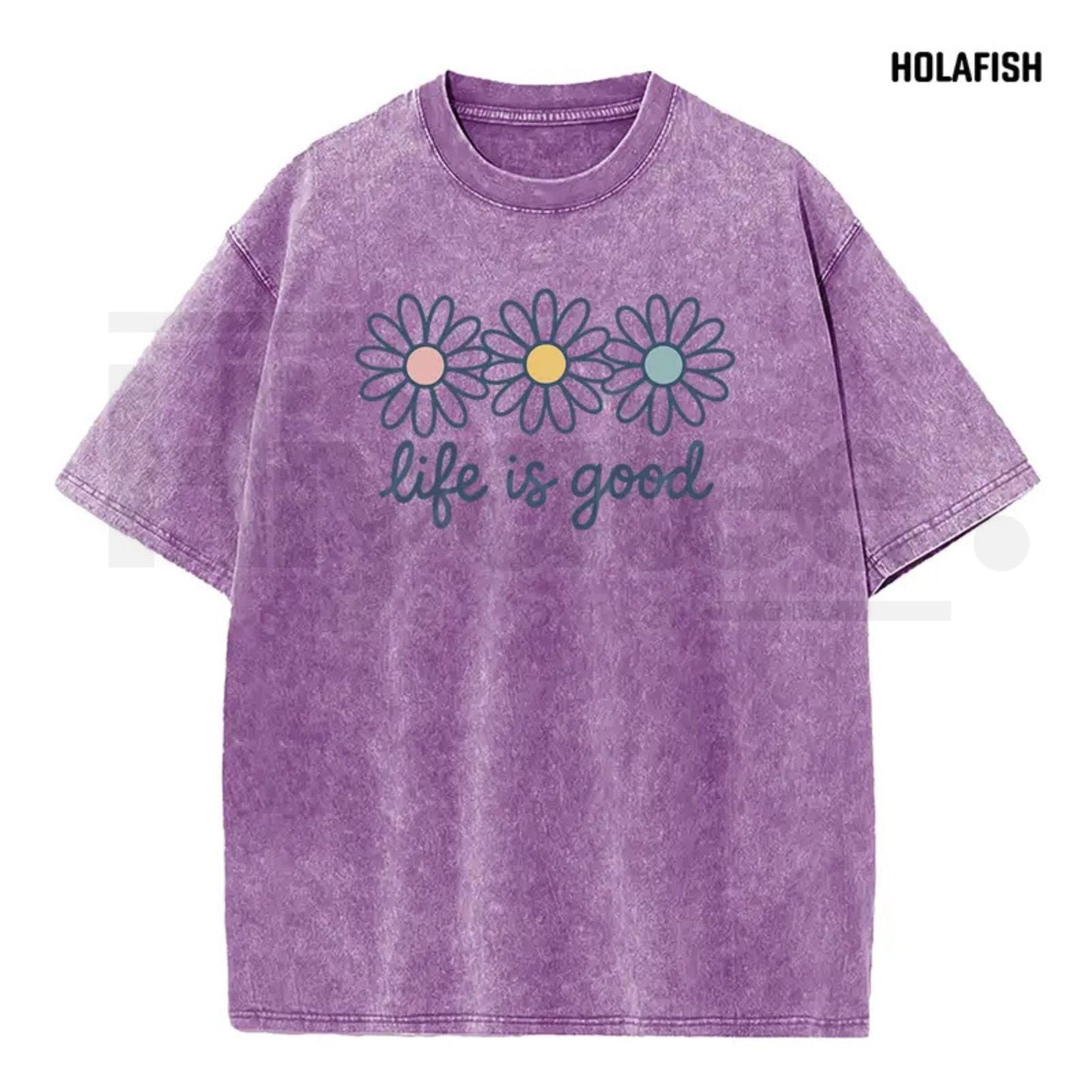 Holafish Acid Wash Daisy Print T-Shirt – Vintage Streetwear Drop Shoulder Graphic Tee